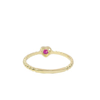 14KT Gold Ring Women's Red Round CZ Stone Center with Plain Heart Shape Border and Plain Beaded Band