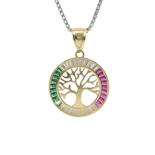 14KT Gold Charm Large Round Open Center Tree of Life with White, Red, and Green Baguette CZ Stones Border and Plain Bell