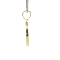 14KT Gold Charm Large Round Open Center Tree of Life with White, Red, and Green Baguette CZ Stones Border and Plain Bell