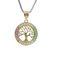 14KT Gold Charm Large Round Open Center Tree of Life with White, Red, and Green Baguette CZ Stones Border and Plain Bell