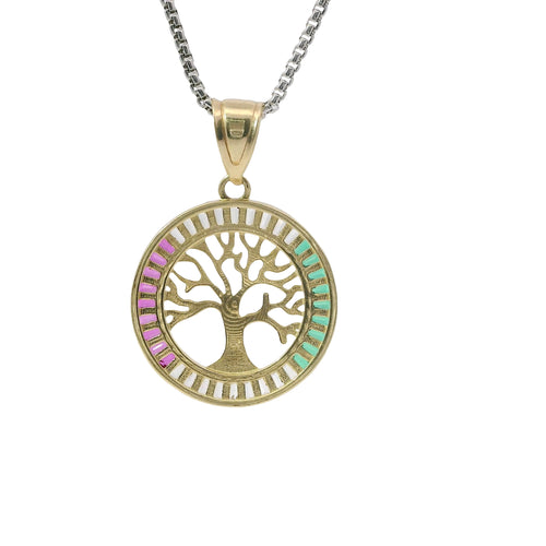 14KT Gold Charm Large Round Open Center Tree of Life with White, Red, and Green Baguette CZ Stones Border and Plain Bell