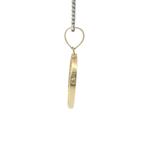 14KT Gold Charm Large Round Open Center Tree of Life with White, Red, and Green Baguette CZ Stones Border and Plain Bell