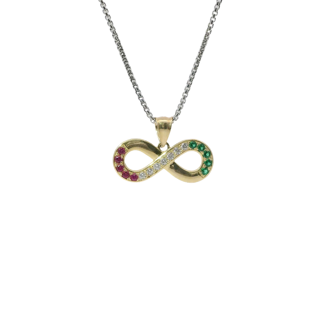 14KT Gold Charm Jumbo Infinity Loop with Red, White, and Green CZ Stones with Plain Bell