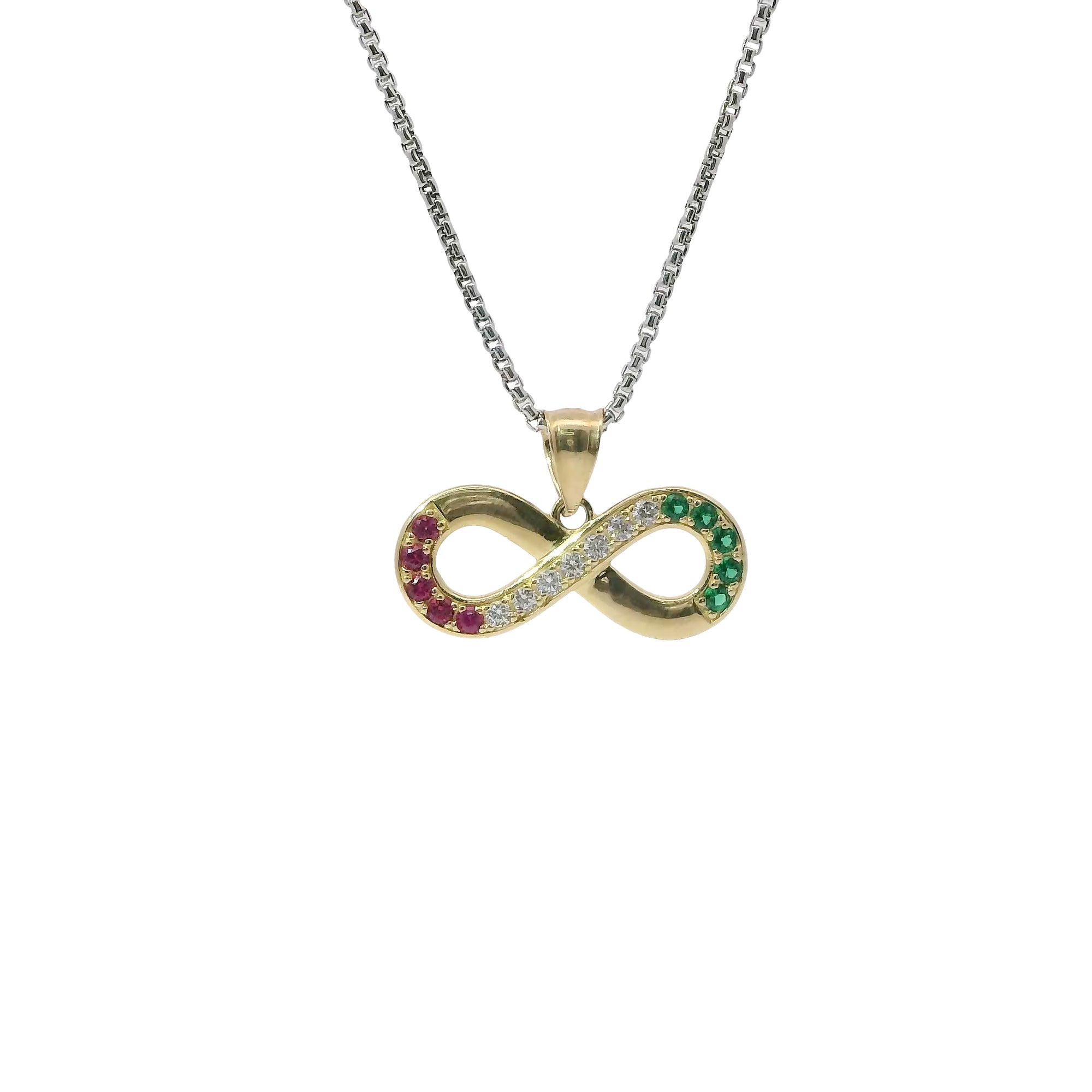 14KT Gold Charm Jumbo Infinity Loop with Red, White, and Green CZ Stones with Plain Bell