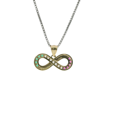 14KT Gold Charm Jumbo Infinity Loop with Red, White, and Green CZ Stones with Plain Bell