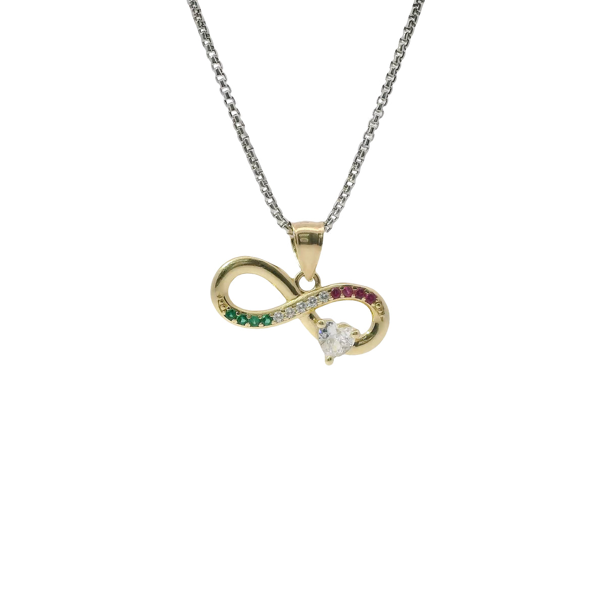 14KT Gold Charm Mini Infinity Loop with Red, White, and Green CZ Stones with White CZ Stone Heart and Plain Bell