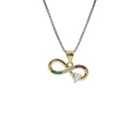14KT Gold Charm Mini Infinity Loop with Red, White, and Green CZ Stones with White CZ Stone Heart and Plain Bell
