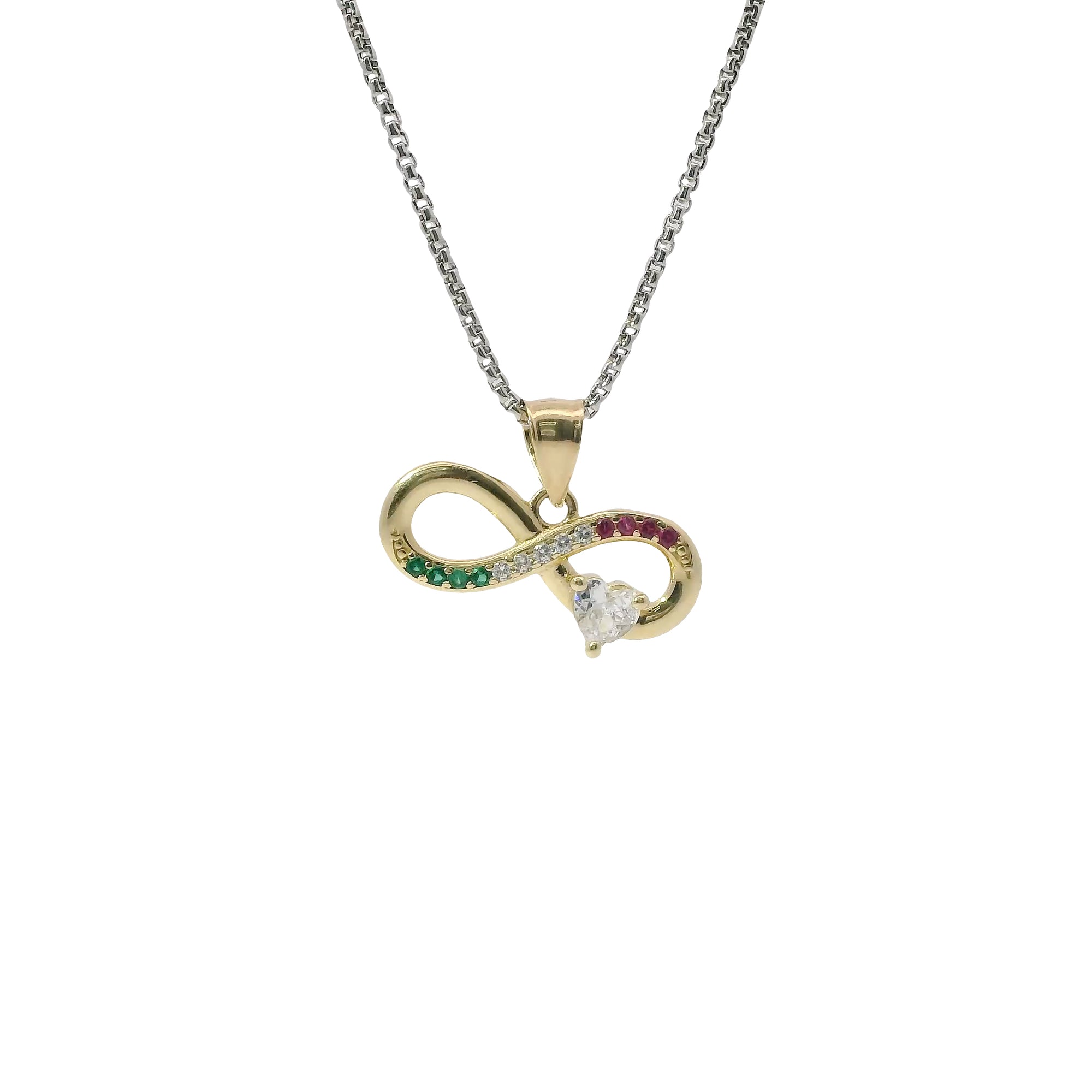 14KT Gold Charm Mini Infinity Loop with Red, White, and Green CZ Stones with White CZ Stone Heart and Plain Bell