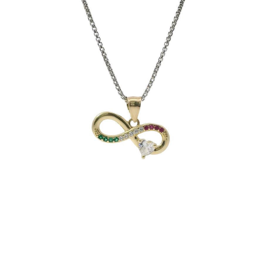 14KT Gold Charm Mini Infinity Loop with Red, White, and Green CZ Stones with White CZ Stone Heart and Plain Bell