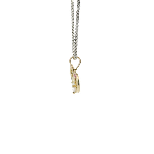 14KT Gold Charm Mini Infinity Loop with Red, White, and Green CZ Stones with White CZ Stone Heart and Plain Bell