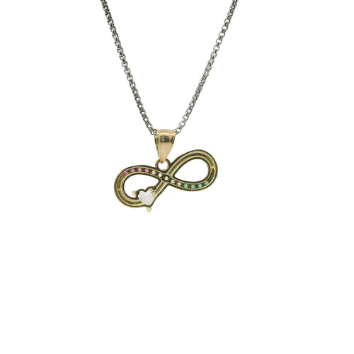 14KT Gold Charm Mini Infinity Loop with Red, White, and Green CZ Stones with White CZ Stone Heart and Plain Bell