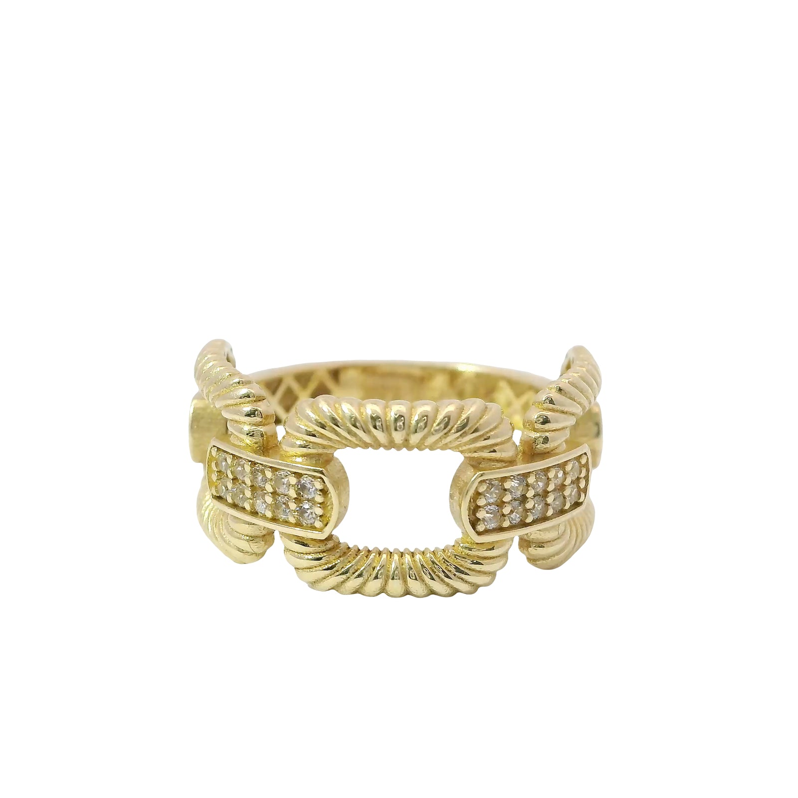 14KT Gold Ring Women's Ribbed Box Link with Two Double Rows of White CZ Stones Bars and Plain Band