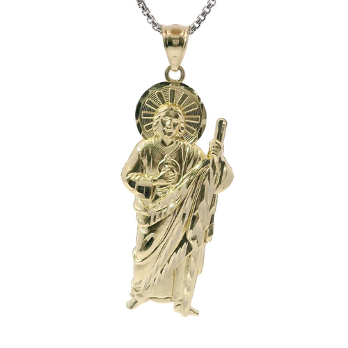 14KT Gold Charm Medium Right Staff Sunray Halo St Jude with Plain Bell