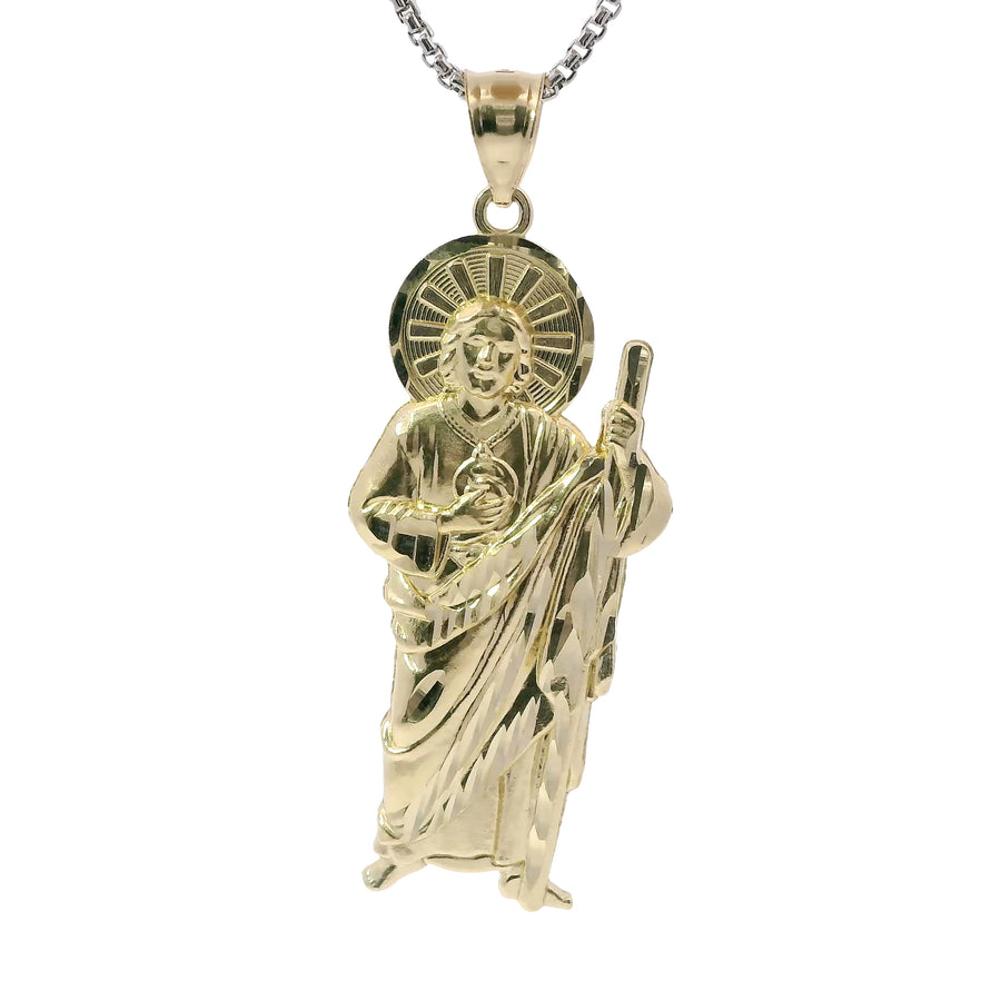 14KT Gold Charm Medium Right Staff Sunray Halo St Jude with Plain Bell