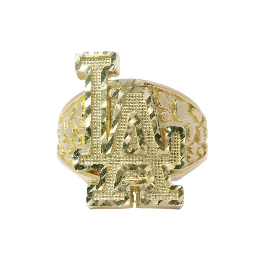 14KT Gold Ring Unisex Jumbo Nugget Raised "LA" (Los Angelos) and Plain Nugget Band