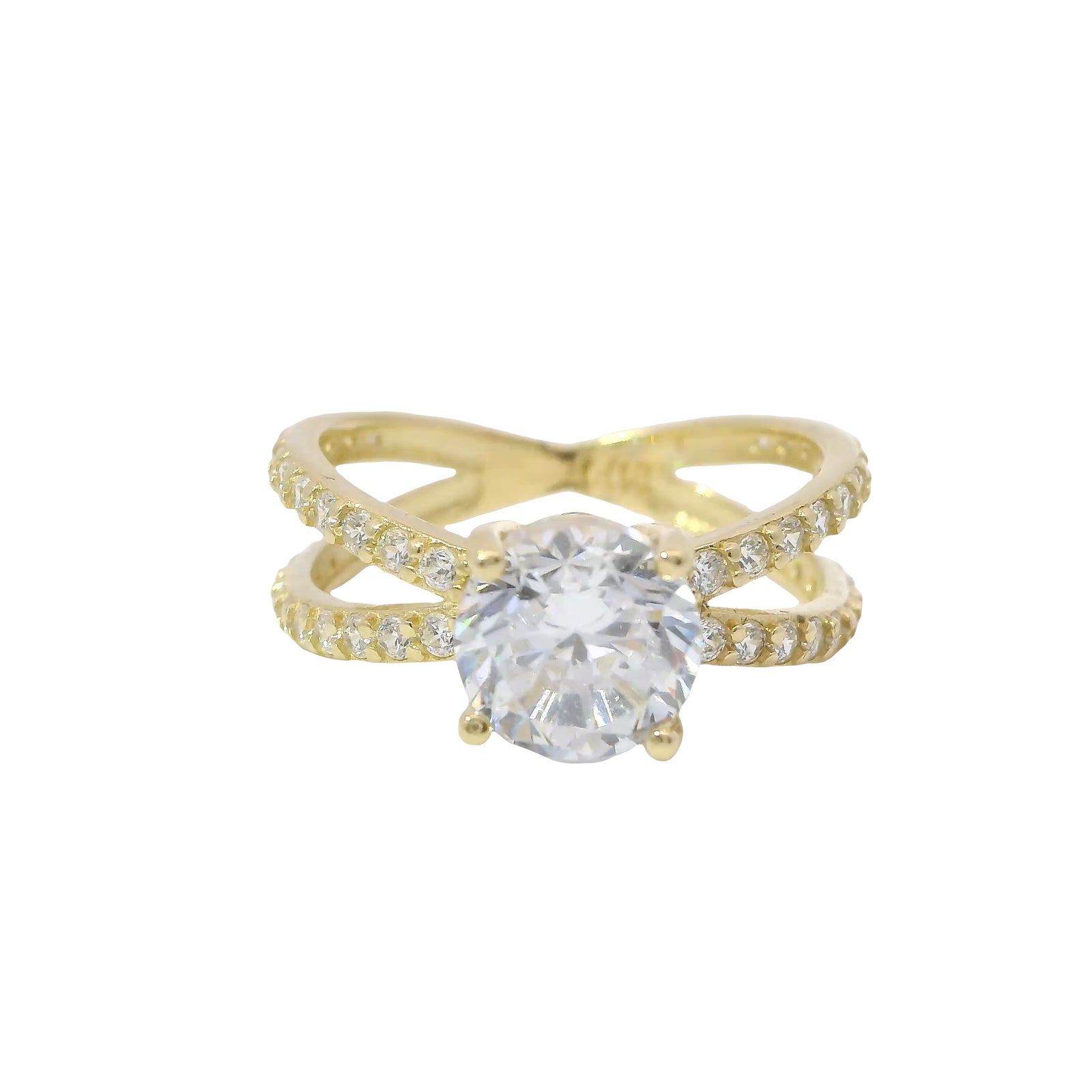 14KT Gold Ring Women's White Round CZ Stone Center with White CZ Stones Split Criss Crossed Band