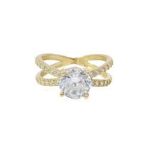 14KT Gold Ring Women's White Round CZ Stone Center with White CZ Stones Split Criss Crossed Band