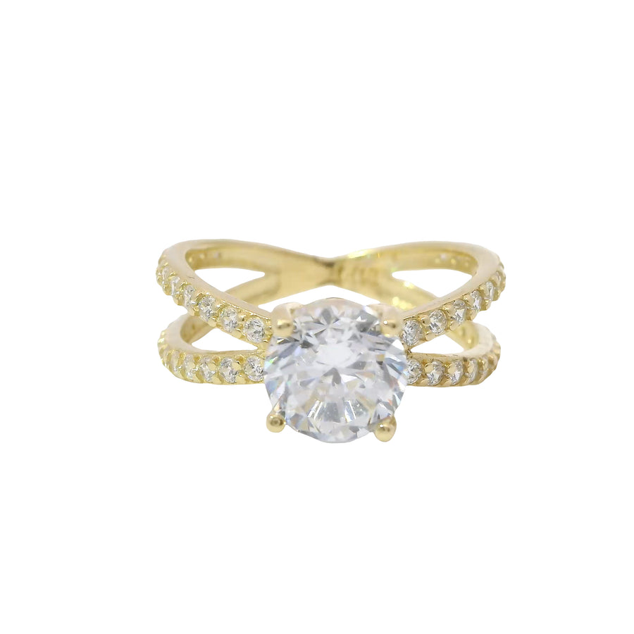 14KT Gold Ring Women's White Round CZ Stone Center with White CZ Stones Split Criss Crossed Band
