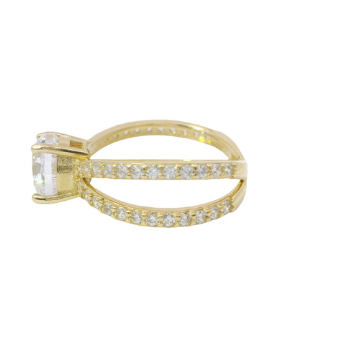 14KT Gold Ring Women's White Round CZ Stone Center with White CZ Stones Split Criss Crossed Band