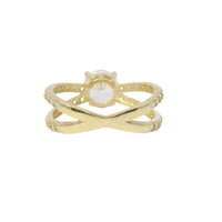 14KT Gold Ring Women's White Round CZ Stone Center with White CZ Stones Split Criss Crossed Band