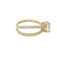 14KT Gold Ring Women's White Round CZ Stone Center with White CZ Stones Split Criss Crossed Band