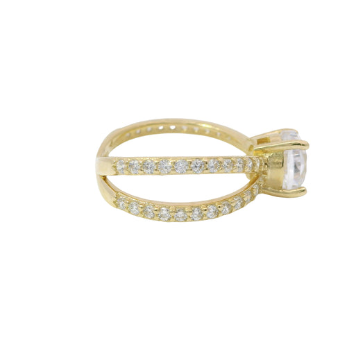 14KT Gold Ring Women's White Round CZ Stone Center with White CZ Stones Split Criss Crossed Band