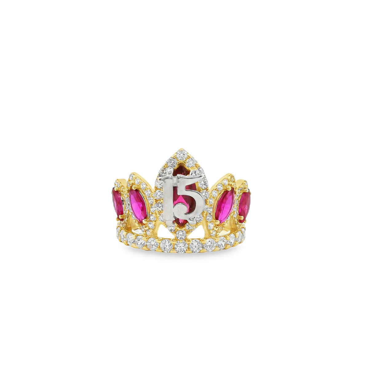 14KT Gold Ring Women's "15" Quinceanera Crown Dark Pink CZ Stones with White Round CZ Stones Band