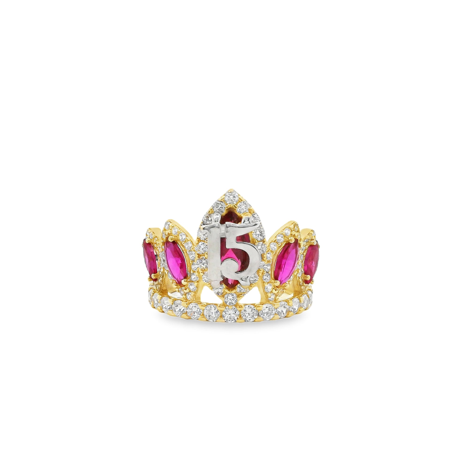 14KT Gold Ring Women's "15" Quinceanera Crown Dark Pink CZ Stones with White Round CZ Stones Band