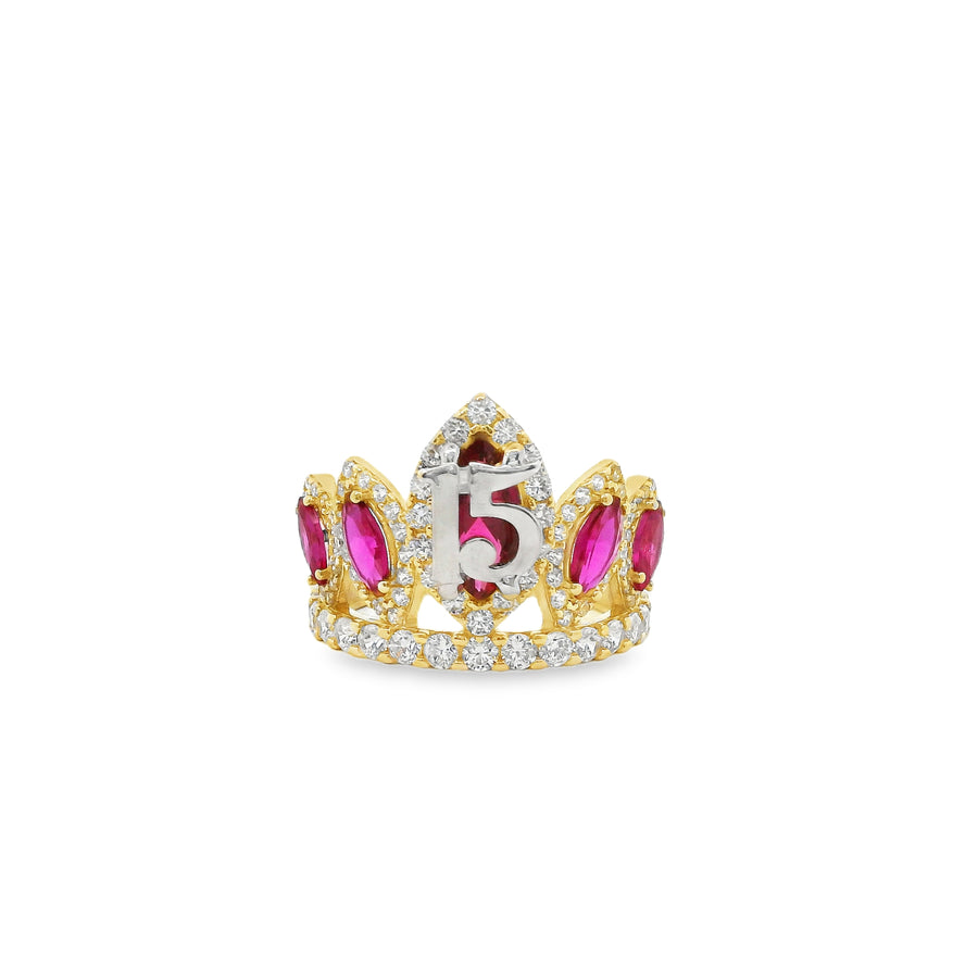 14KT Gold Ring Women's "15" Quinceanera Crown Dark Pink CZ Stones with White Round CZ Stones Band