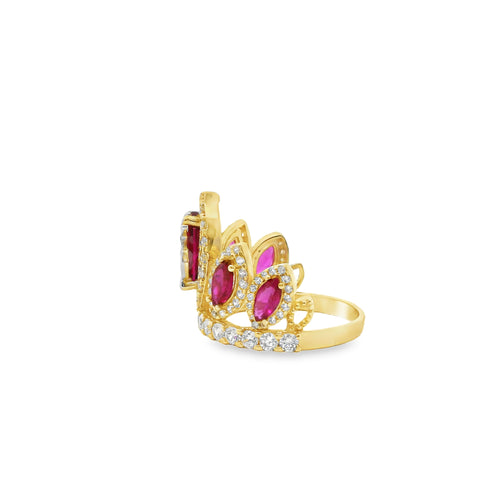 14KT Gold Ring Women's "15" Quinceanera Crown Dark Pink CZ Stones with White Round CZ Stones Band