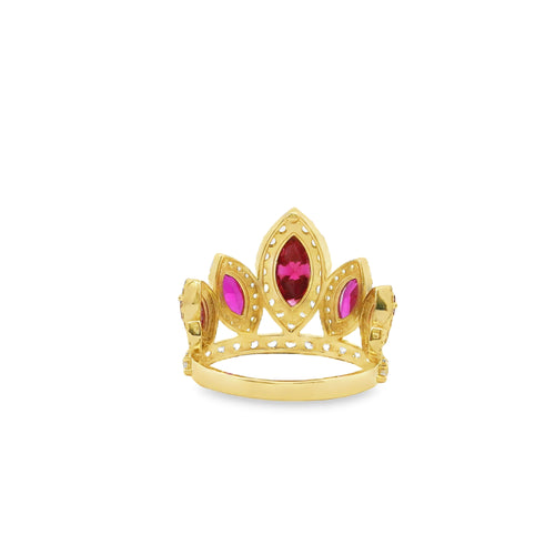 14KT Gold Ring Women's "15" Quinceanera Crown Dark Pink CZ Stones with White Round CZ Stones Band