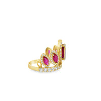 14KT Gold Ring Women's "15" Quinceanera Crown Dark Pink CZ Stones with White Round CZ Stones Band