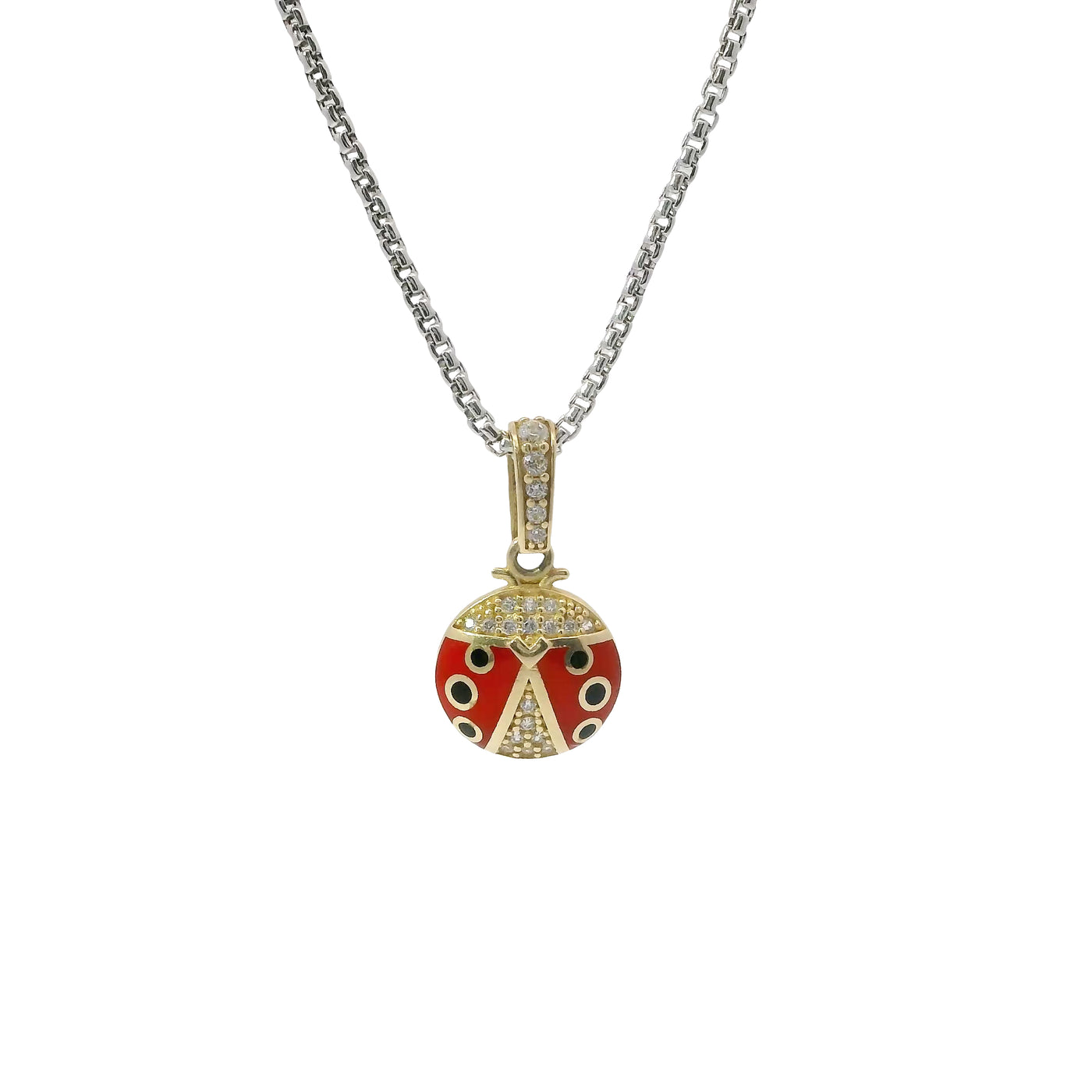 14KT Gold Charm Round Black and Red Enamel Lady Bug with White CZ Stones Body and Bell