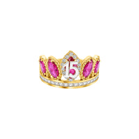 14KT Gold Ring Women's "15" Quinceanera Crown Dark Pink CZ Stones with White Square CZ Stones Band Plain Shank