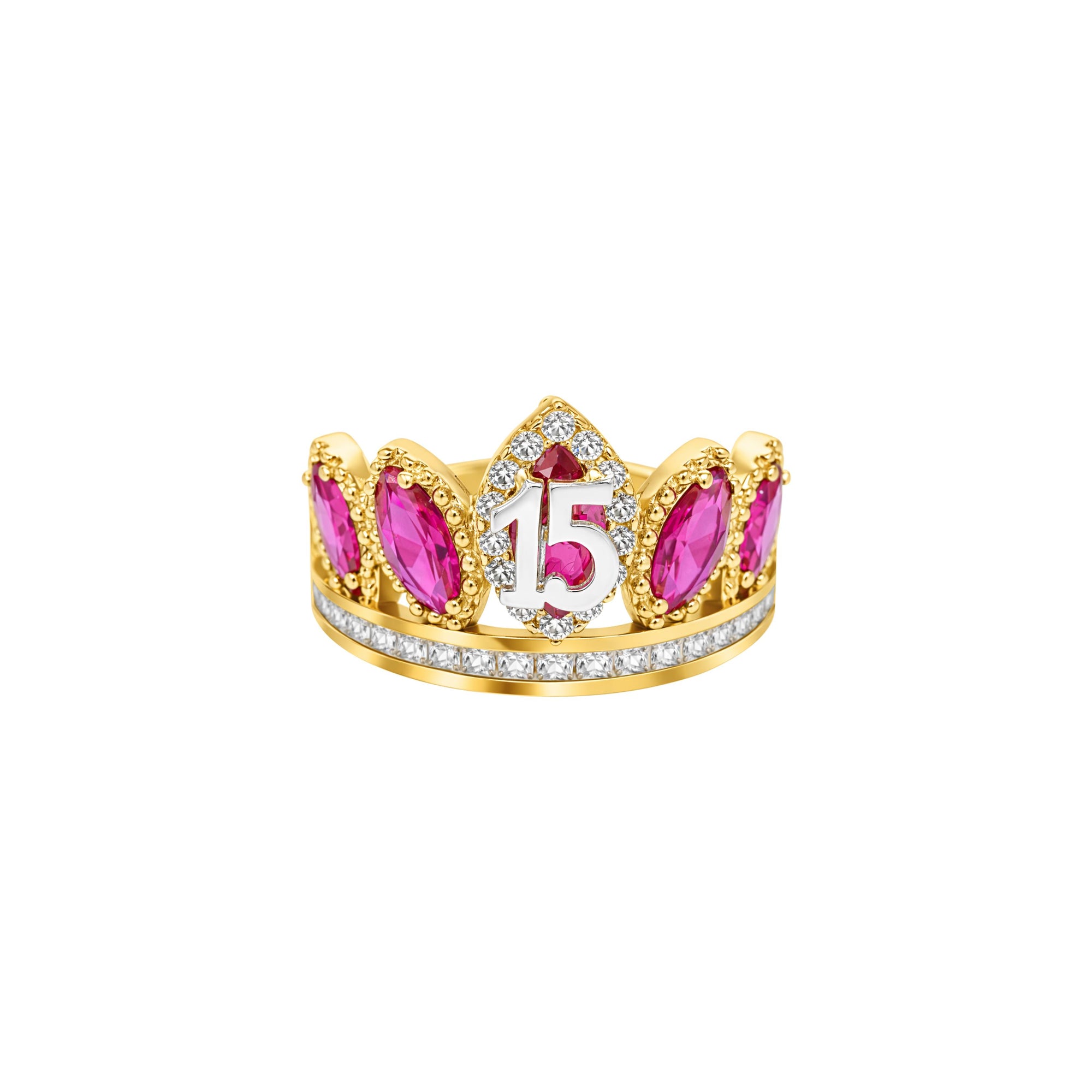 14KT Gold Ring Women's "15" Quinceanera Crown Dark Pink CZ Stones with White Square CZ Stones Band Plain Shank