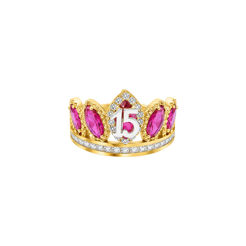 14KT Gold Ring Women's "15" Quinceanera Crown Dark Pink CZ Stones with White Square CZ Stones Band Plain Shank