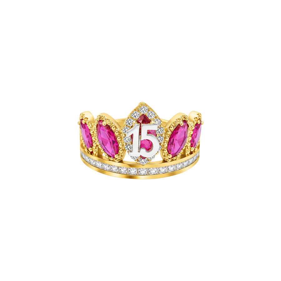 14KT Gold Ring Women's "15" Quinceanera Crown Dark Pink CZ Stones with White Square CZ Stones Band Plain Shank