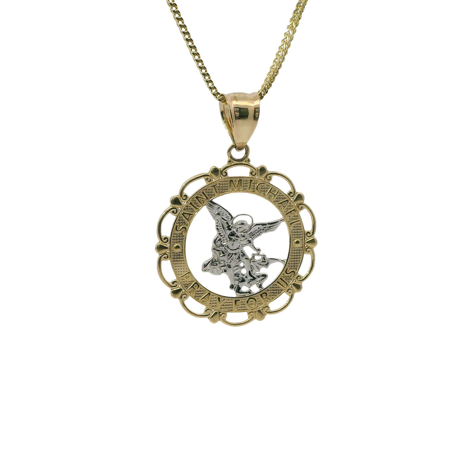 14KT Gold Charm Small Two Tone Open Center St Michael "PRAY FOR US" Coin with Open Scallop Edge and Plain Bell
