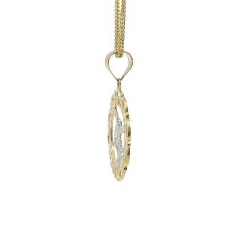14KT Gold Charm Small Two Tone Open Center St Michael "PRAY FOR US" Coin with Open Scallop Edge and Plain Bell