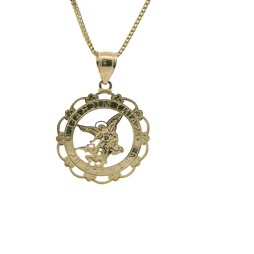 14KT Gold Charm Small Two Tone Open Center St Michael "PRAY FOR US" Coin with Open Scallop Edge and Plain Bell