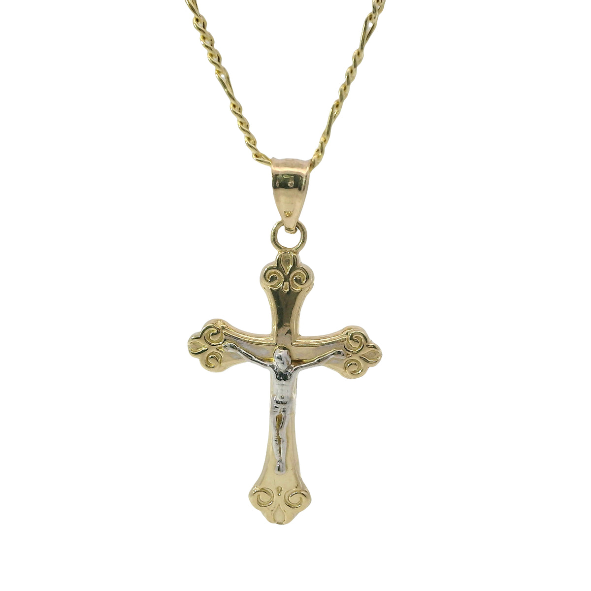 14KT Gold Charm Medium Two Tone Swirl Center Club Ends Crucifix Cross with Plain Bell