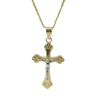 14KT Gold Charm Medium Two Tone Swirl Center Club Ends Crucifix Cross with Plain Bell