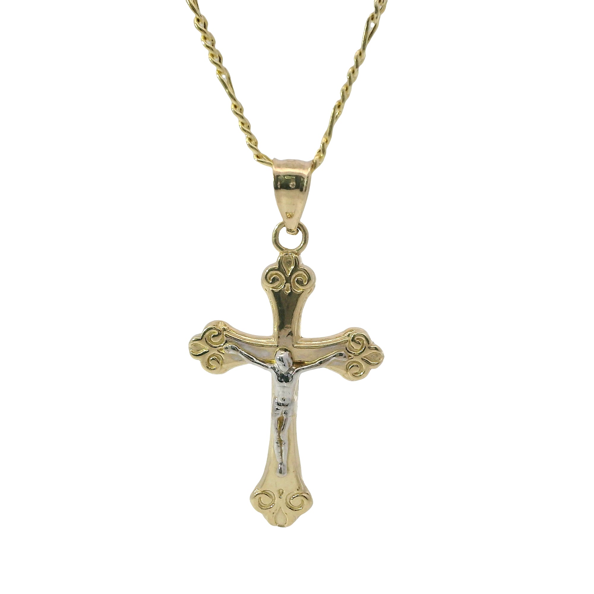 14KT Gold Charm Medium Two Tone Swirl Center Club Ends Crucifix Cross with Plain Bell