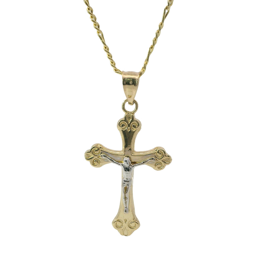 14KT Gold Charm Medium Two Tone Swirl Center Club Ends Crucifix Cross with Plain Bell