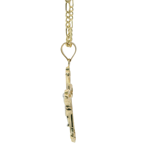 14KT Gold Charm Medium Two Tone Swirl Center Club Ends Crucifix Cross with Plain Bell
