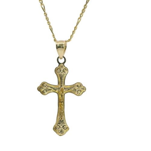 14KT Gold Charm Medium Two Tone Swirl Center Club Ends Crucifix Cross with Plain Bell