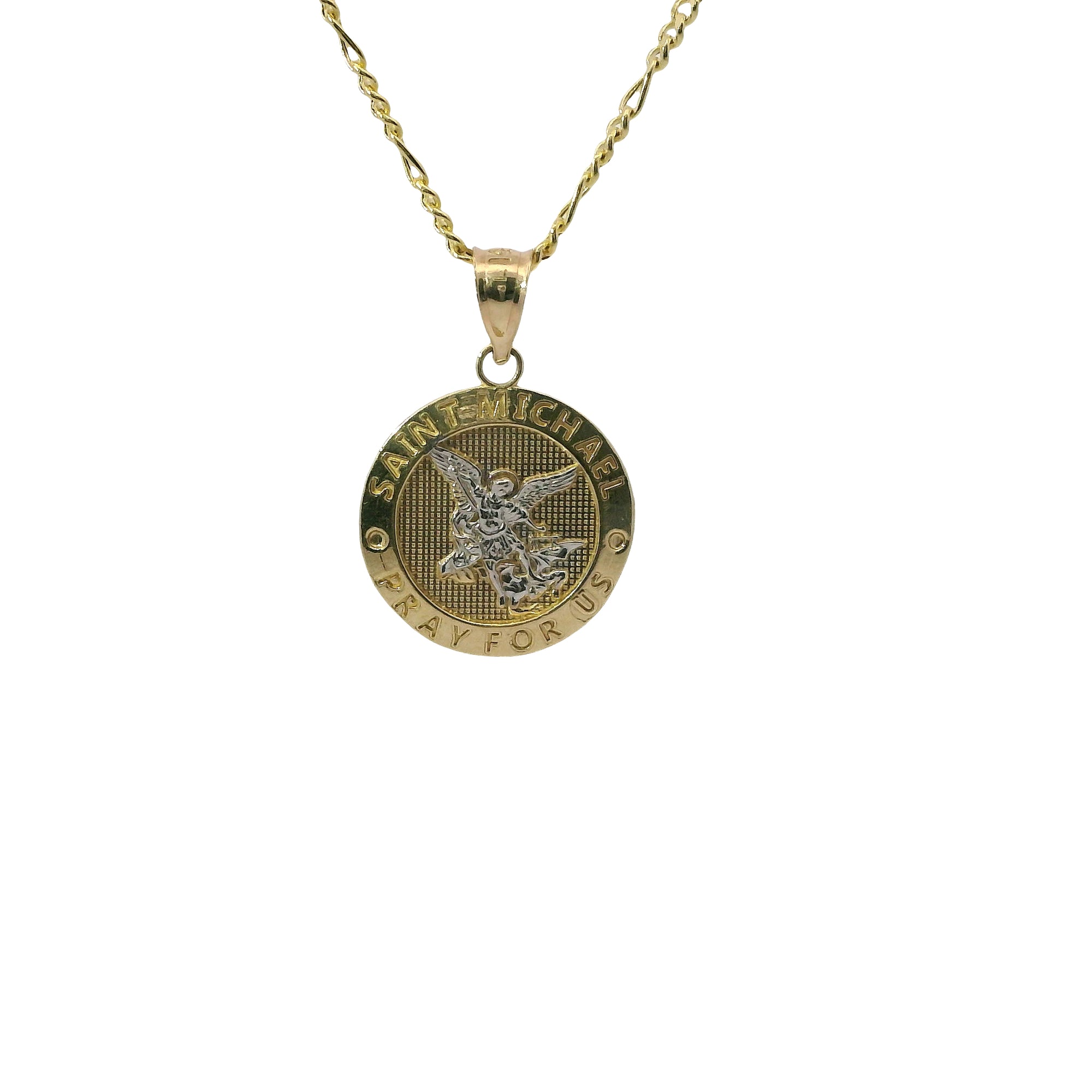 14KT Gold Charm Small Two Tone St Michael Coin with "PRAY FOR US" Border and Plain Bell