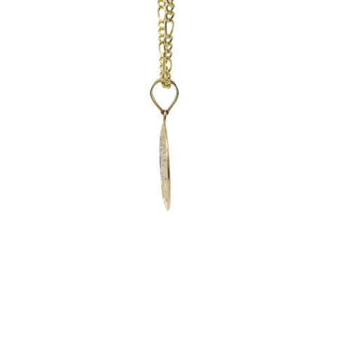 14KT Gold Charm Small Two Tone St Michael Coin with "PRAY FOR US" Border and Plain Bell