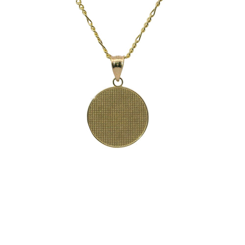 14KT Gold Charm Small Two Tone St Michael Coin with "PRAY FOR US" Border and Plain Bell