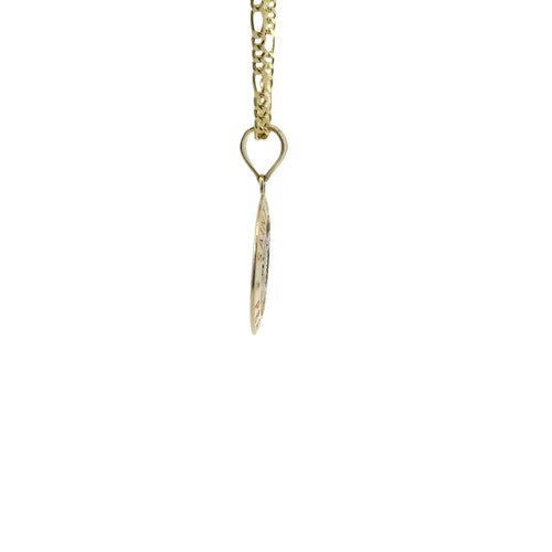 14KT Gold Charm Small Two Tone St Michael Coin with "PRAY FOR US" Border and Plain Bell